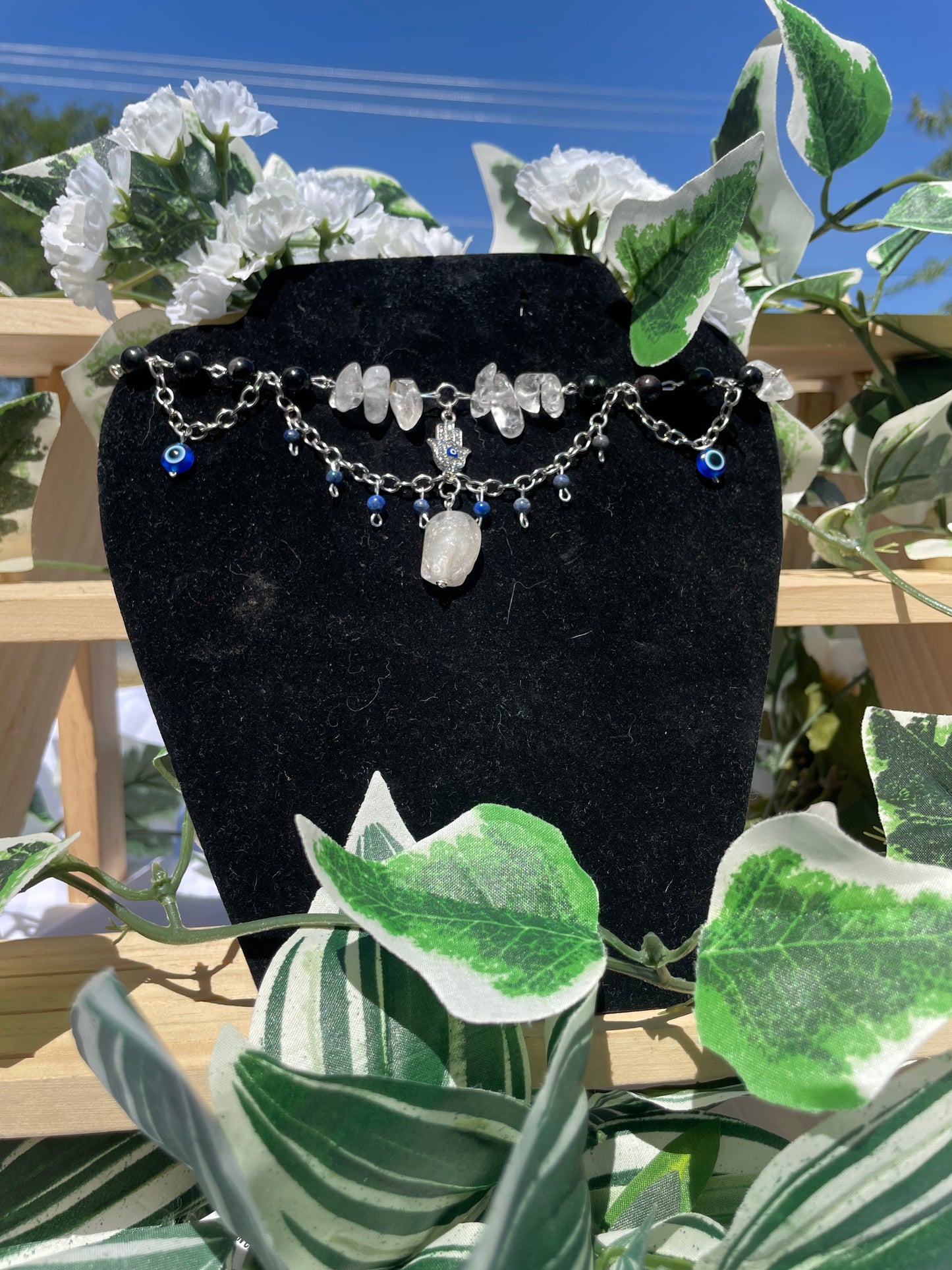 Black tourmaline, Clear Quartz, lapis lazuli & evil eye
